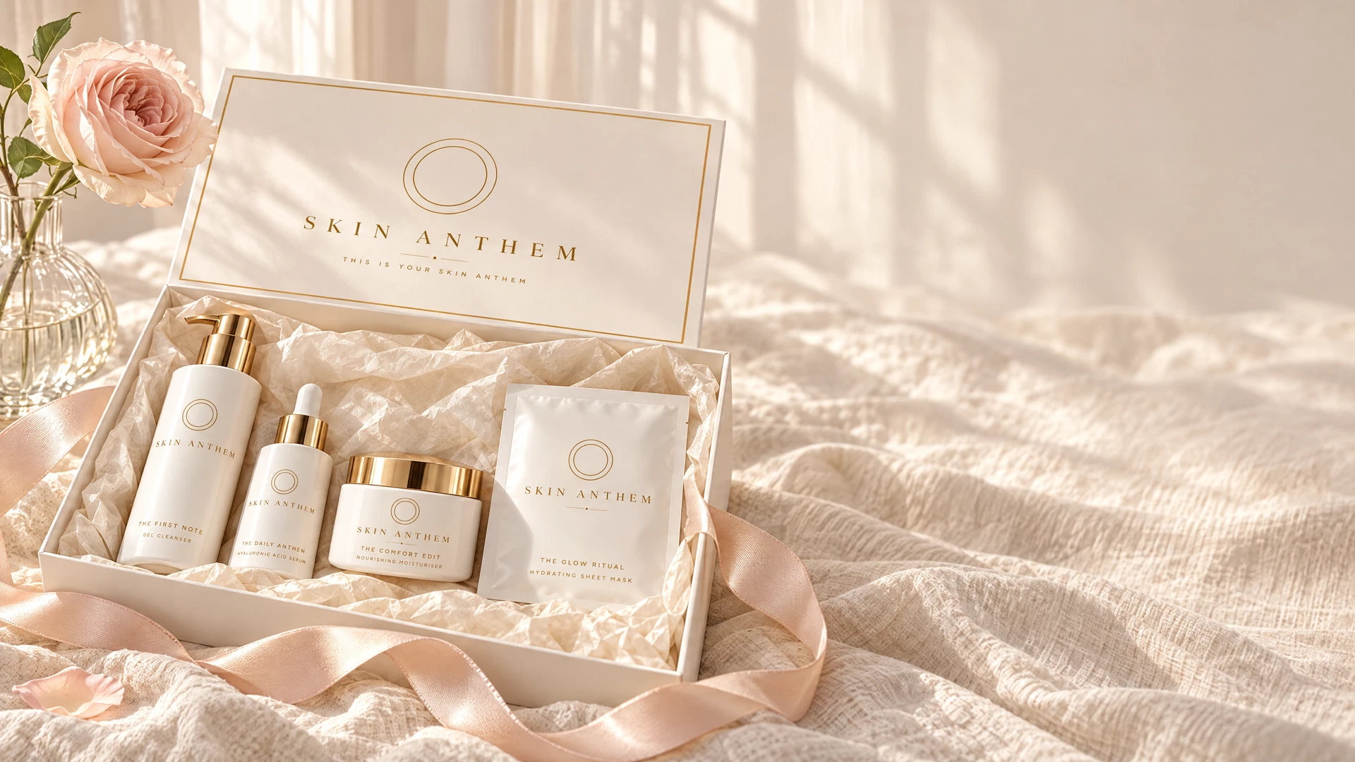White skincare gift set on linen beside a rose.