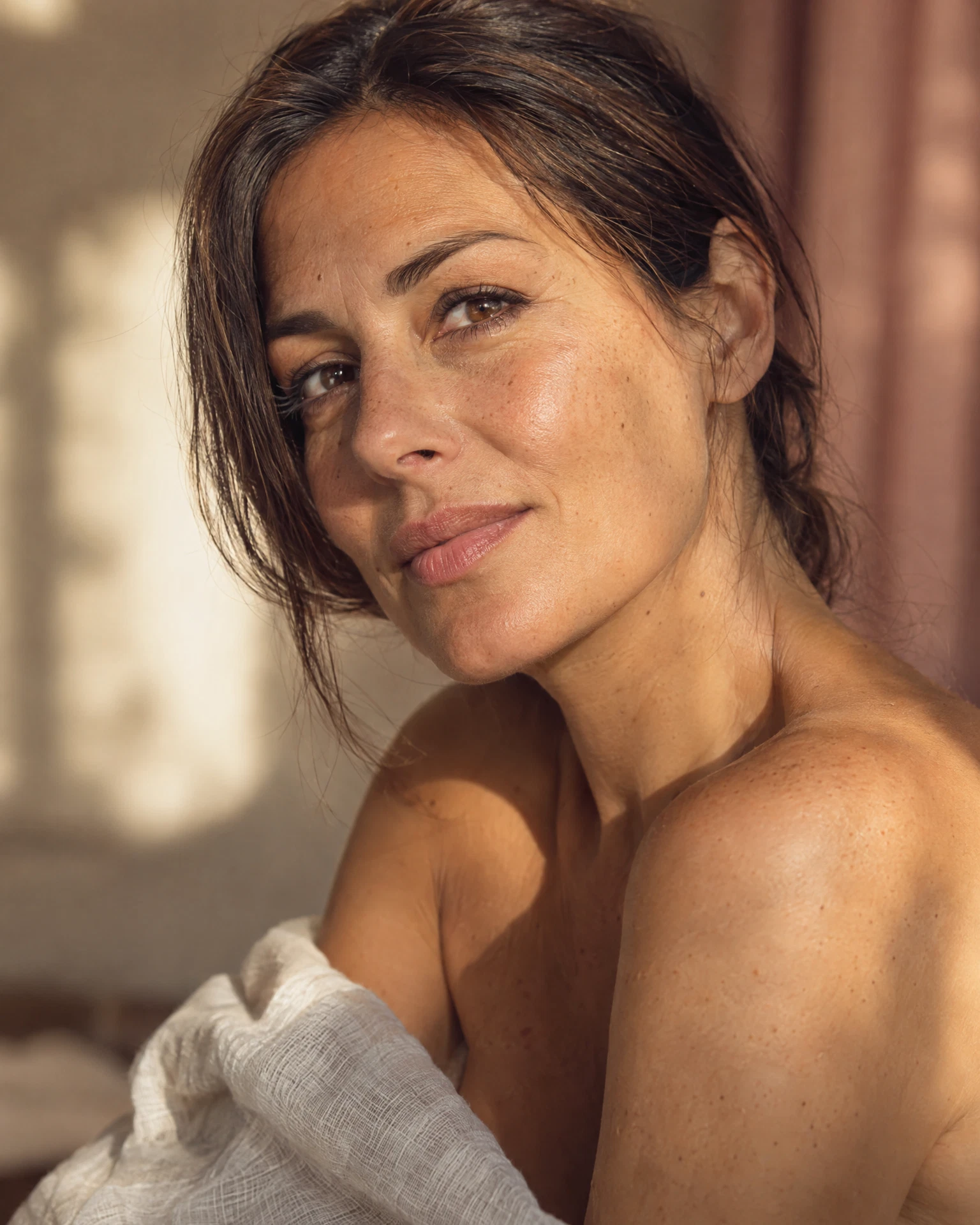 Woman in her thirties sitting beside a window.