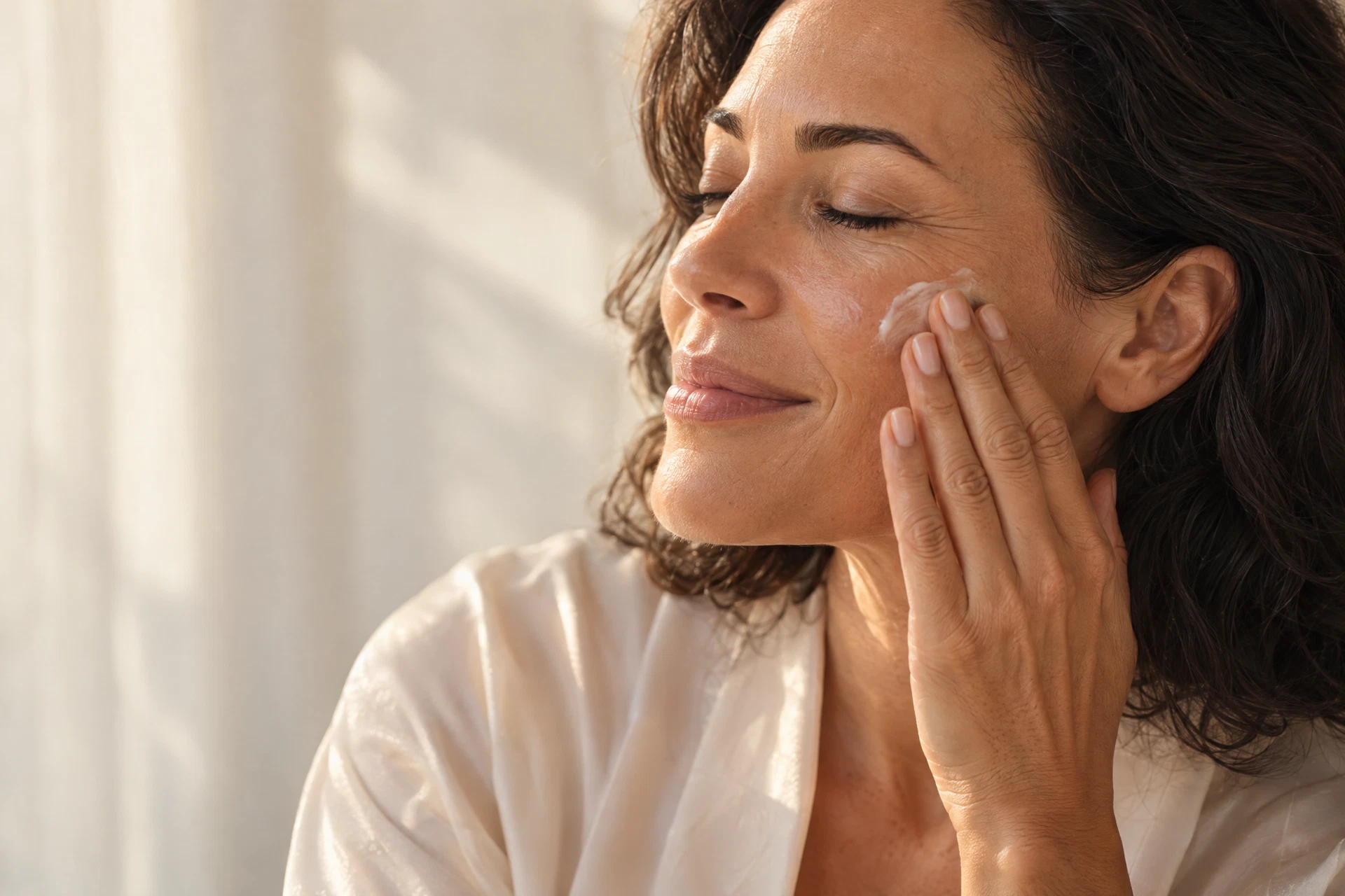 Woman applying moisturiser to her cheek.