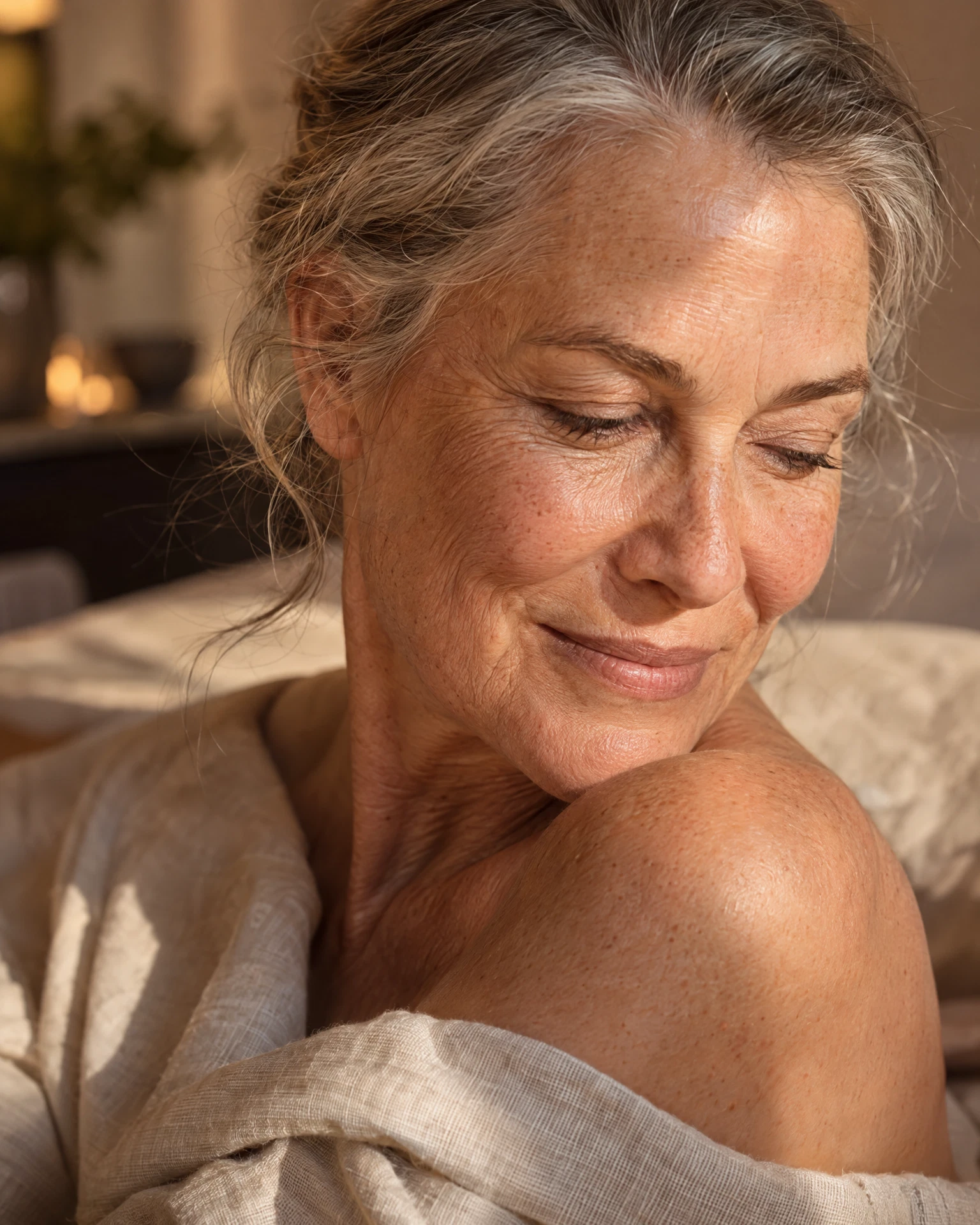 Woman in her sixties smiling in sunlight.