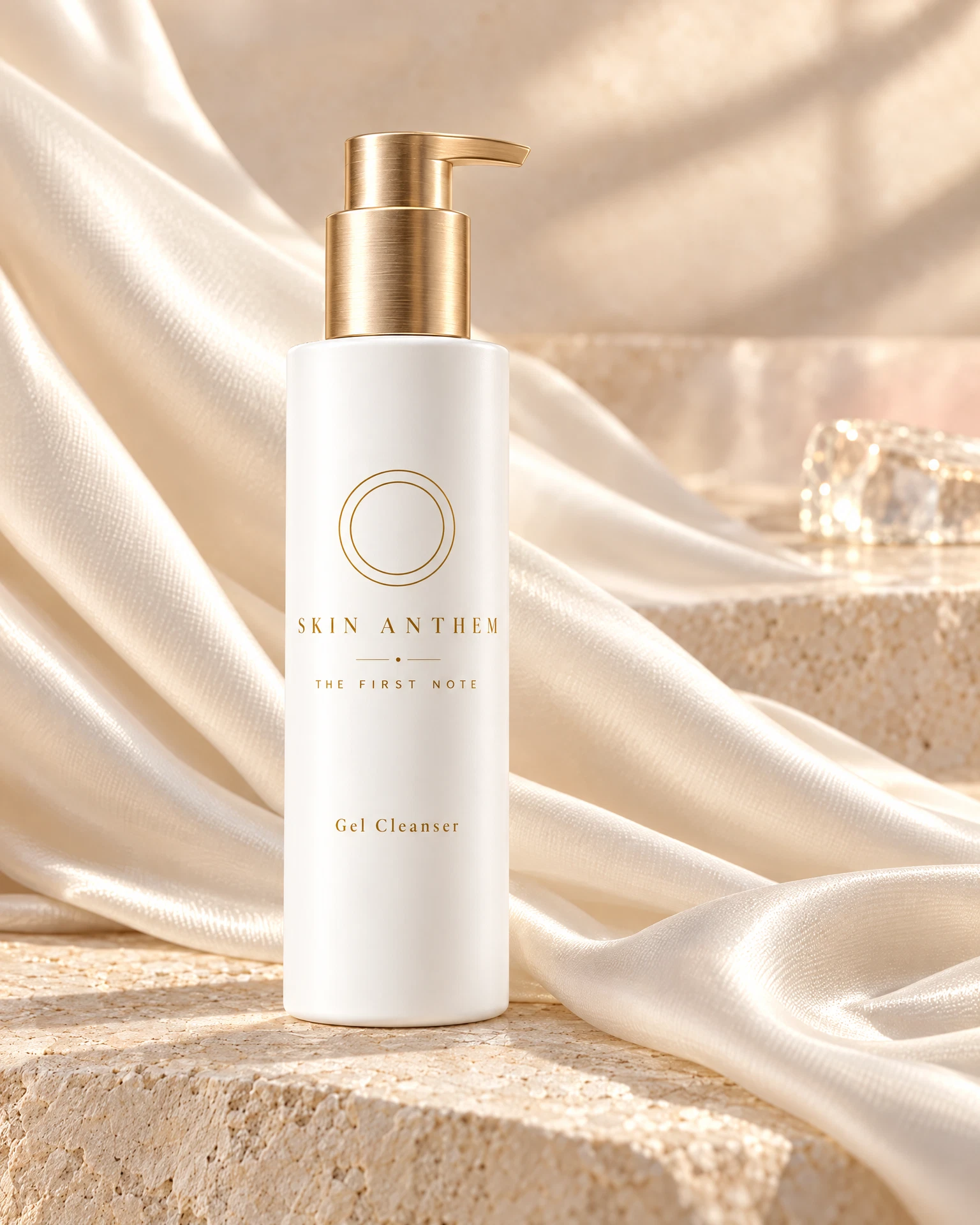 White cleanser bottle with gold pump on ivory silk.