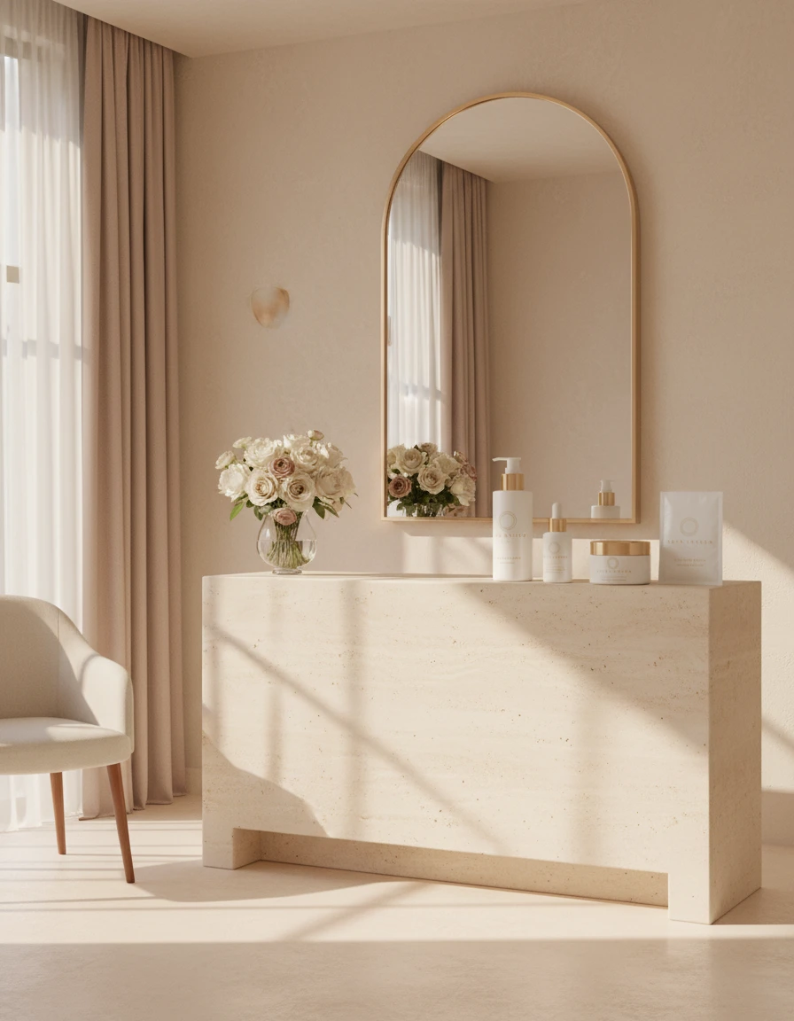 Salon concept with stone counter, mirror, flowers and white skincare bottles.